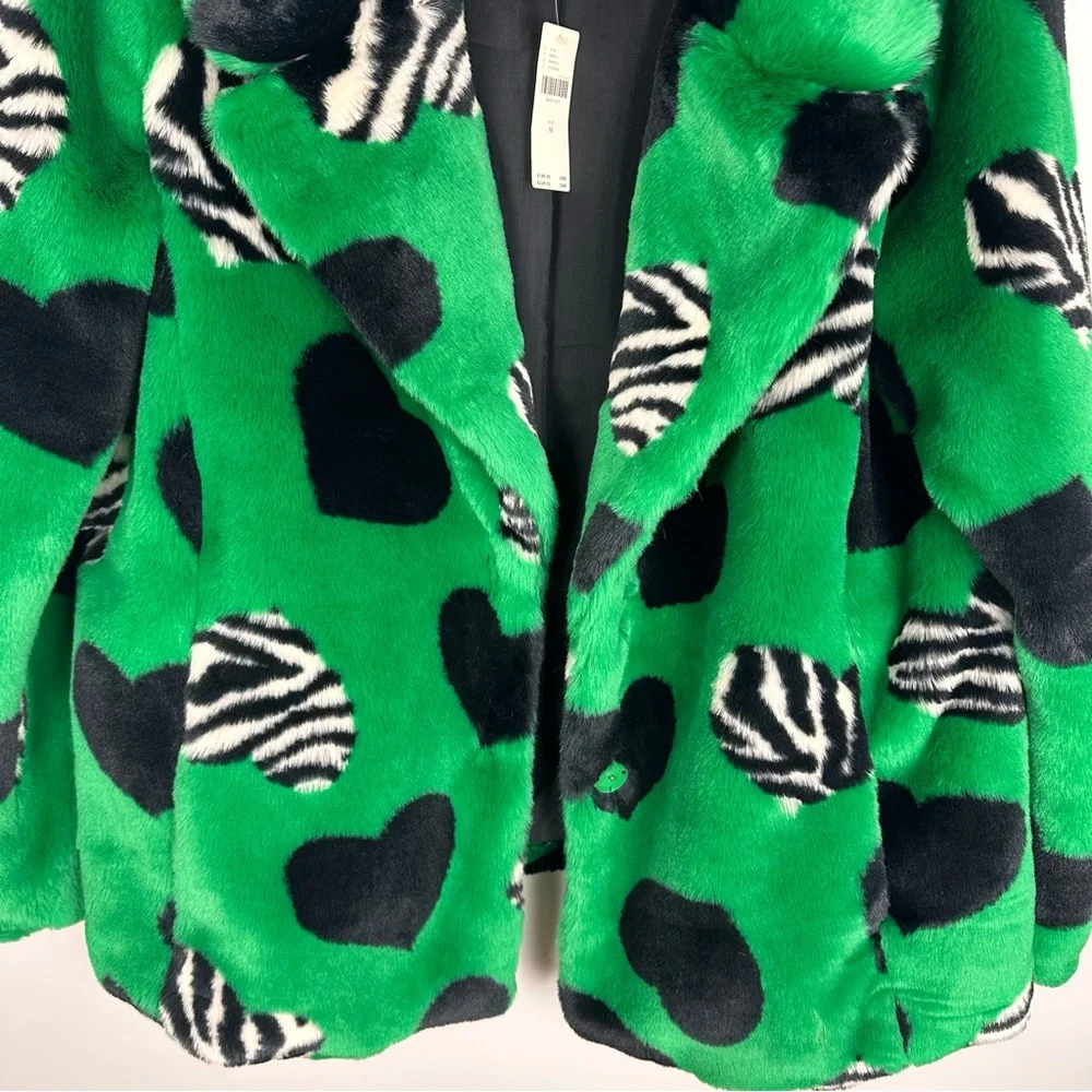 Maeve by Anthropologie Faux Fur Coat Green Black Multi Hearts Sz Medium NWT - Picture 11 of 16